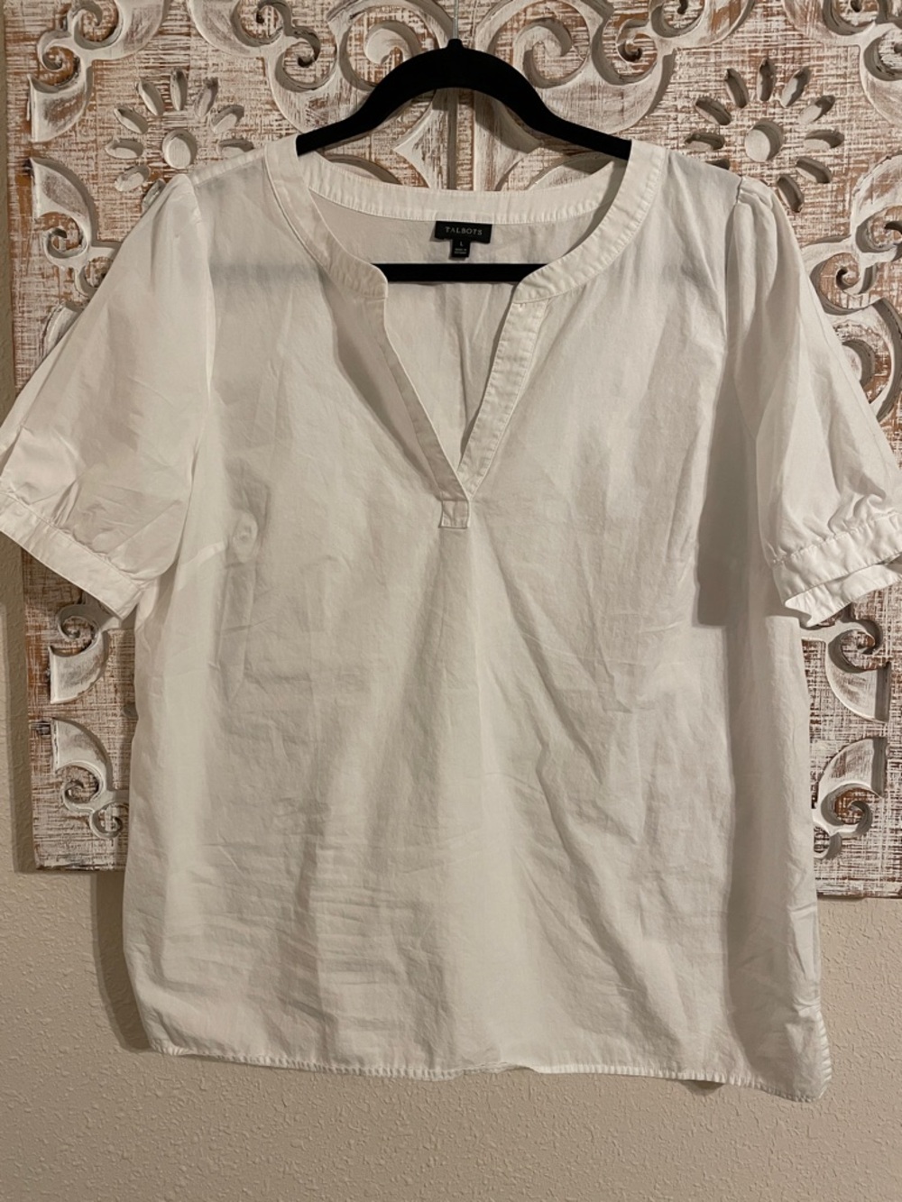 Talbots White Short-Sleeve Split V Casual Button-Down Shirt
